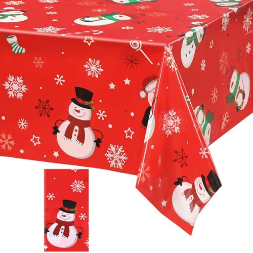 Irenare Red Snowman Christmas Tablecloth 54x108 in - 1 Pcs Winter Snowflake Plastic