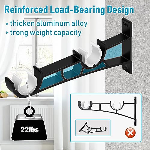 Heavy Duty Double Curtain Rod Brackets for 1 Inch Rods, 3 Pack Black