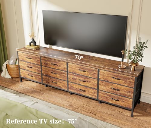 70-Inch Wide Dresser and TV Stand with 12 Fabric Drawers, Rustic Brown