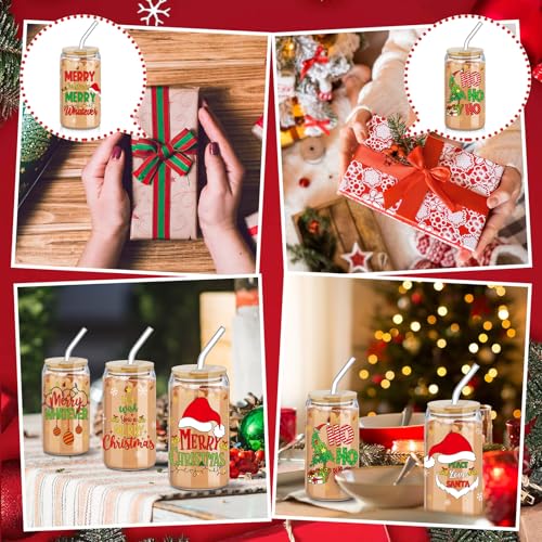 SiliFine Christmas Glass Cups with Lid & Straw - Santa Design, 16 oz, 6 Pack