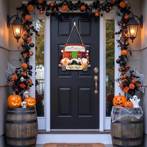SENMAY Halloween Gnome Door Sign - Double-Sided Front Door Decor (Orange/Red)