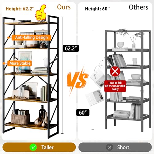 5-Tier Industrial Bookshelf, Tall Metal and Wood Storage Bookcase