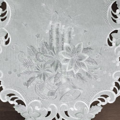 Grelucgo Silver Embroidered Christmas Table Runner with Poinsettia & Scalloped Border