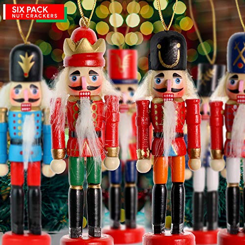 Wooden Christmas Nutcracker Ornaments - 5-Inch Mini Soldier Figures, 6-Piece