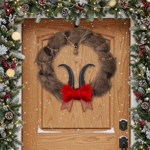 12-Inch Krampus Wreath with Faux Fur and Horns for Gothic Holiday Decor