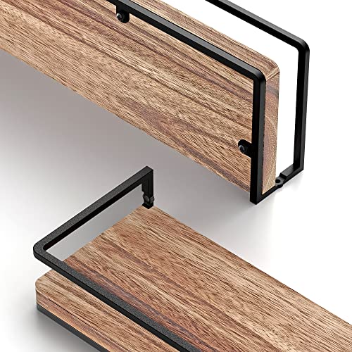 Rustic Floating Wall Shelves - Solid Wood Industrial Storage Set of 2
