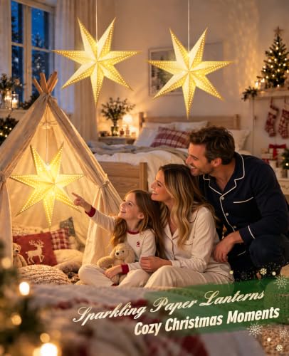 Luxspire 3 Pack C-17.7in Christmas Paper Star Lanterns with Lights, 8 Modes