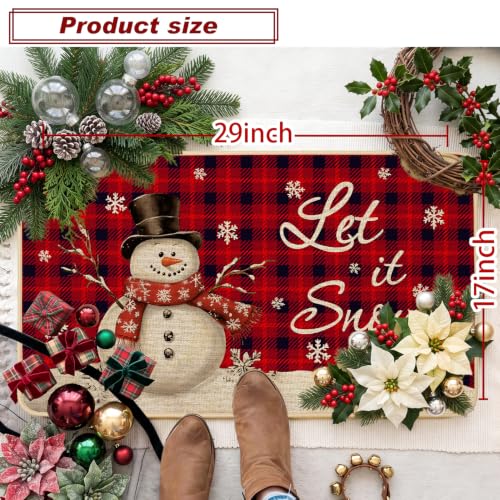 Snowman Doormat Buffalo Plaid 17x29 in - Red Snowman Winter Door Mat by Baccessor