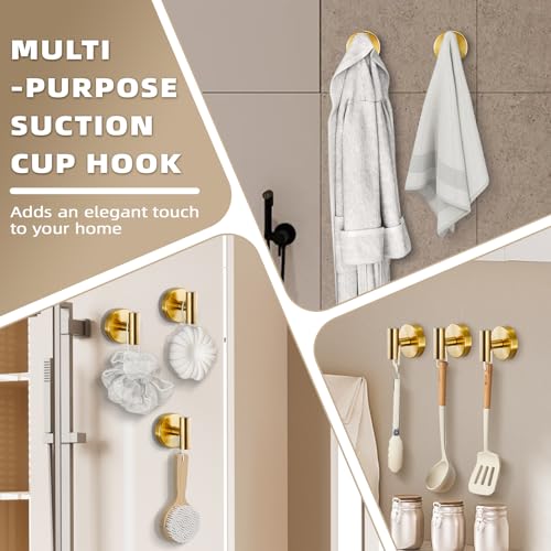 Heavy Duty Suction Cup Hooks for Bathroom & Kitchen - Brushed Gold, 2 Pack