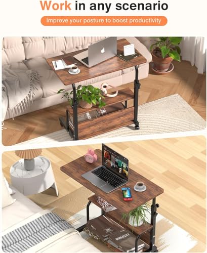 32-Inch Portable Rolling Computer Desk with Storage Shelves & Adjustable Height