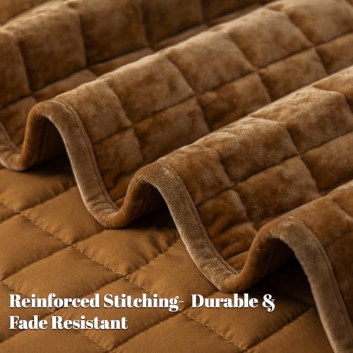 PHF Twin Size Rusty Burnt Orange Velvet Quilt Set - Luxury Square-Box Design