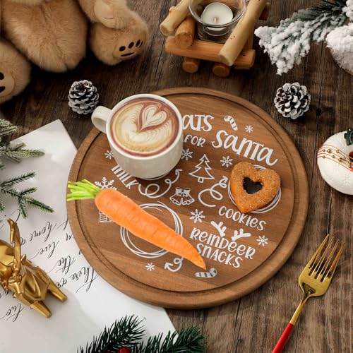 Santa Cookie Plate Round Wooden Treat Tray 9.8in Xmas Eve Platter