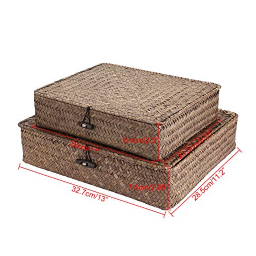 Set of 2 Woven Seagrass Storage Bins with Lids Coffee Flat Baskets