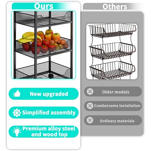 HapiRm Black 4-Tier Rolling Fruit & Vegetable Storage Cart with Wooden Top