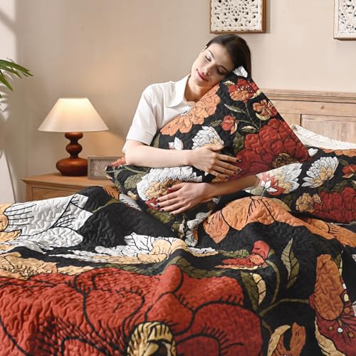 Andency Black Floral Boho King Quilt Set - 3-Piece Reversible Bedspread