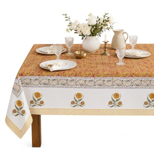 Hand Block Printed Floral Cotton Tablecloth 60x90 in - Pink Yellow, Dust Proof & Wrinkle Resistant