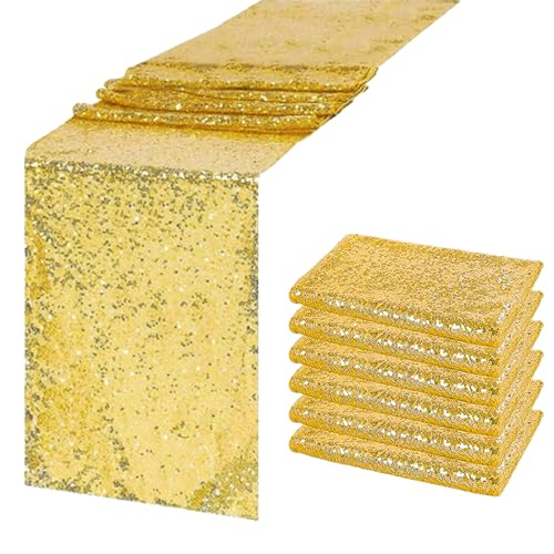 HMQIANG 6 Pack Gold Sequin Table Runners 12x108 Inch Party Decor Set