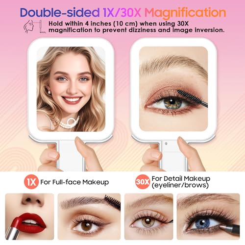 GOMIPURU Silver 30X/1X Double-Sided Magnifying Travel Mirror with Light, Adjustable Brightness