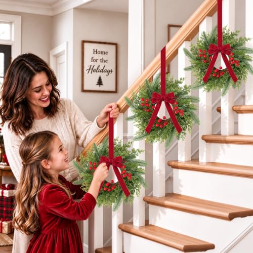 Green & Red 18 Pack 15-Inch Mini Christmas Wreaths for Cabinets with Bows