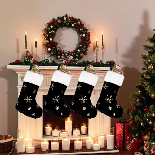 CCINEE 4 Pack 18-Inch Black Christmas Stockings with Gold Snowflake Sequin - Faux Fur Xmas Stockings