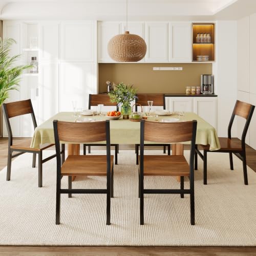 Modern Dining Chairs Set of 6 with Ergonomic Backrest & Metal Legs, Walnut
