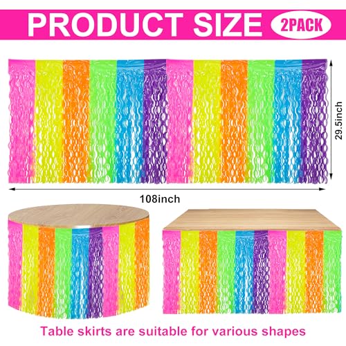 2 Pack Neon Tinsel Foil Fringe Table Skirts - UV Reactive Glow Party Decor
