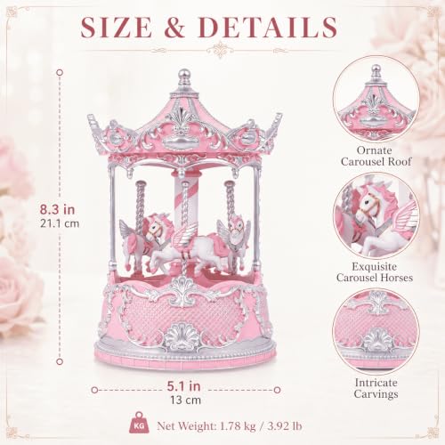 Pink Carousel Horse Snow Globe Music Box with Rotating Lights and Timer