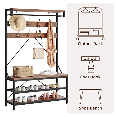 Industrial Hall Tree with Bench and Shoe Storage, 8-Hook Entryway Organizer