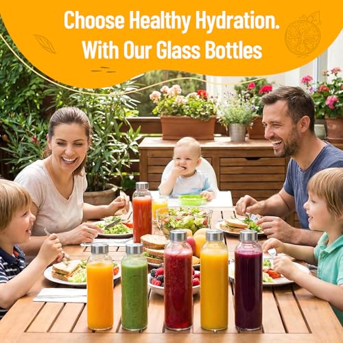 18oz Reusable Glass Water Bottles with Stainless Steel Lids, Set of 6