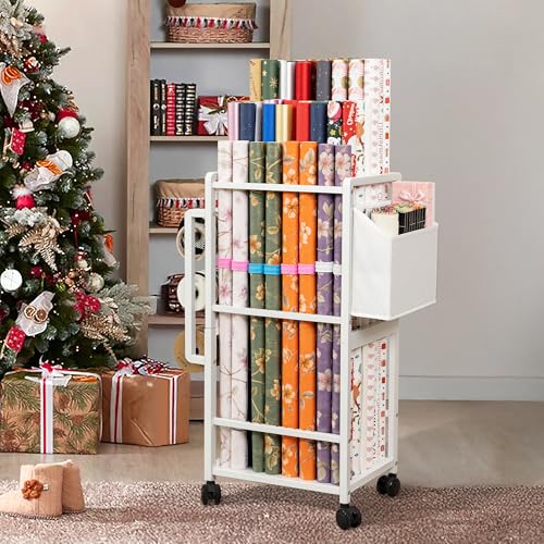 Rolling Gift Wrapping Paper Storage Cart with Adjustable Rods