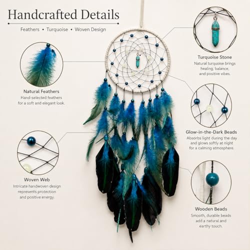 Luminous Blue Dream Catcher with Gemstone, 18-Inch Handmade Wall Decor