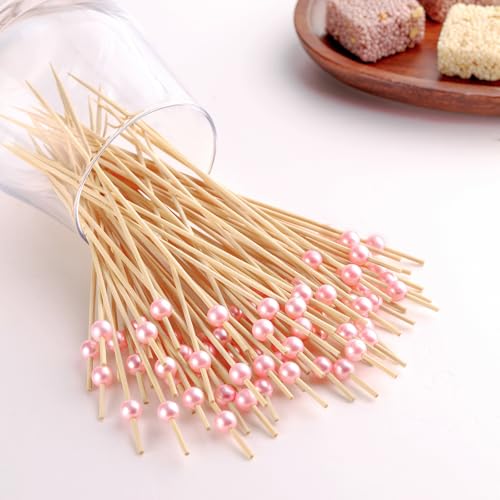200 PCS Pink Pearl Bamboo Cocktail Picks, 4.7-Inch Decorative Food Skewers