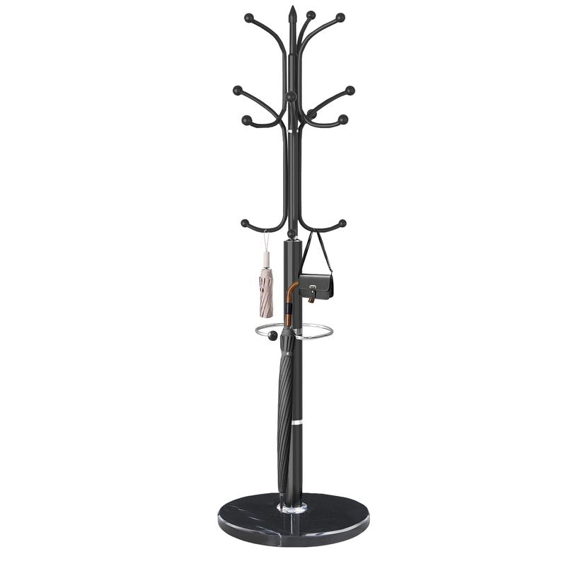 ZIECUKU Metal Coat Rack with Natural Marble Base, Coat Rack Stand with 12 Hooks & Umbrella Holder, Black Modern Freestanging Coat Racks, Coat Jacket Hanger Tree Stand for Corner Entryway Office