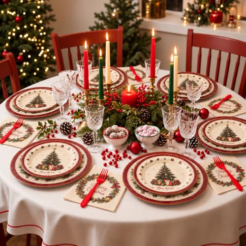 NestSail 200PCS Christmas Paper Plates Set 9x7 Inch for 50 Guests, Festive Holiday Tableware