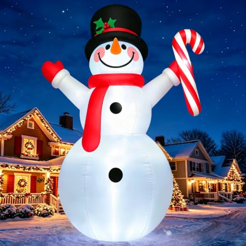 12FT Large Snowman Christmas Inflatable with Candy Cane - LED Light-Up Outdoor Decoration