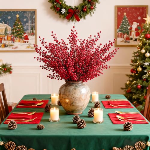 Emivery 6 Pcs Red Berry Stems - Artificial Burgundy Christmas Branches for Centerpieces