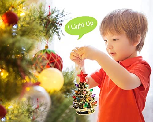 Mini 4.5-Inch Nostalgic LED Ceramic Christmas Tree Set of 3 with Lights, Hanging Ornaments - Holiday Decor