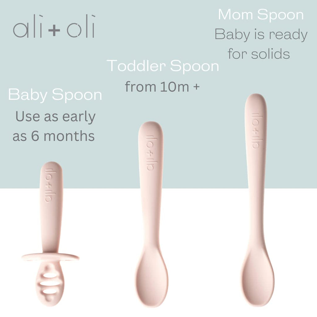 Ali+Oli (3pc) Silicone Spoon Set for Baby (Blush) Unbreakable Baby Spoons, Self Feeding Utensils, Multi-stage Design, Ergonomic Handle
