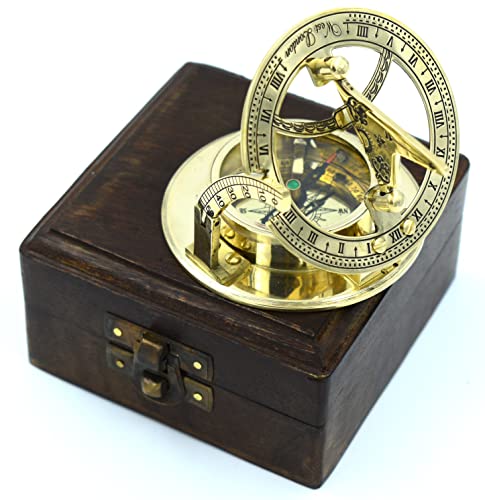 Antique Brass Sundial Compass with Wooden Gift Box - Nautical Decor