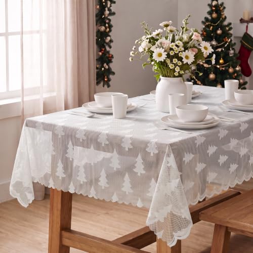 Christmas Lace Table Cloth 60x84 Inch Rectangular White Xmas Tree Decor - Horaldaily Variation of THIS listing