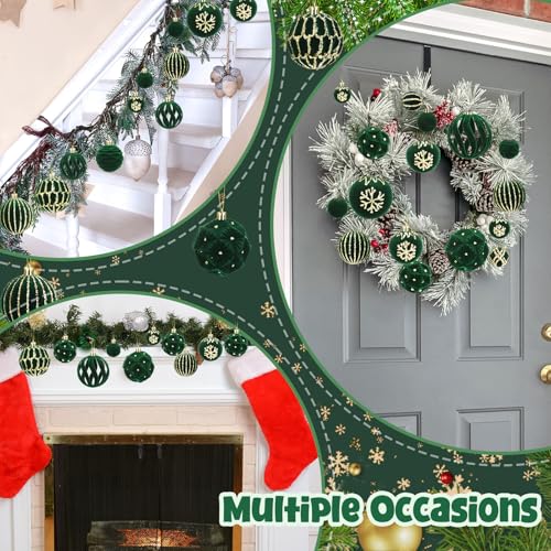 36 Pcs Hunter Green Velvet Christmas Ornaments Set - Flocked Ball Ornaments 1.57in-3.16in with 9 Shapes