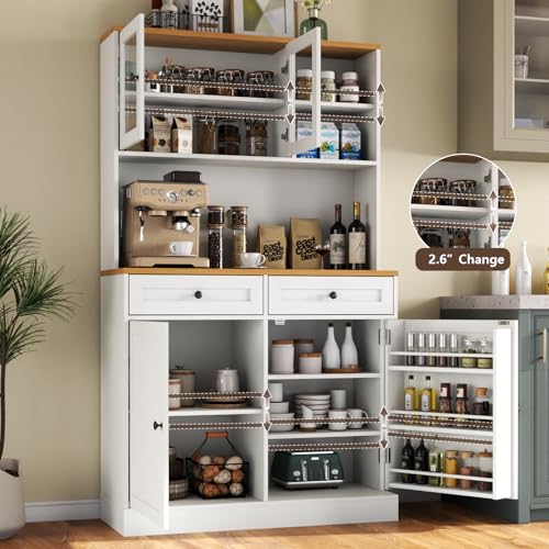 Tall Kitchen Pantry Cabinet with Microwave Stand and Glass Doors