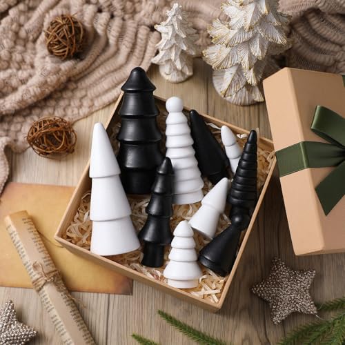 Roowest 10 Pcs Mini Wooden Christmas Trees Black & White Holiday Decor