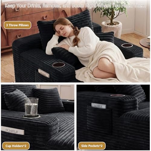 65" Oversized Corduroy Chaise Lounge Chair with Cup Holders, Black
