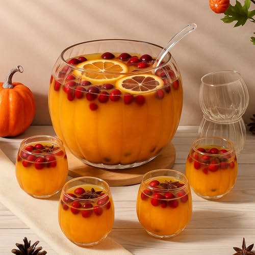 LemonRoad Pumpkin Punch Bowl Set with 6 Cups & Ladle - Fall Halloween Thanksgiving Party Decor