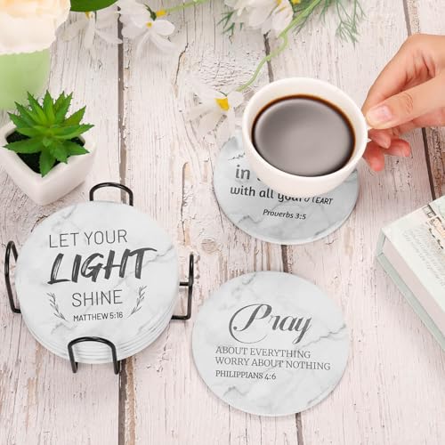 Billbotk 4-Inch Ceramic Coasters with Bible Verses Set of 8 & Holder, Absorbent Drink Coasters for Home & Christian Gifts