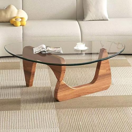 Modern Tempered Glass Coffee Table with Solid Wood Base, Small Walnut Table