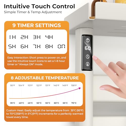 Electric Heated Towel Rack with Removable Shelf and Touch Screen Timer
