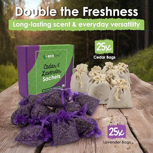 Natural Cedar and Lavender Sachets for Closets and Drawers, 50 Pack