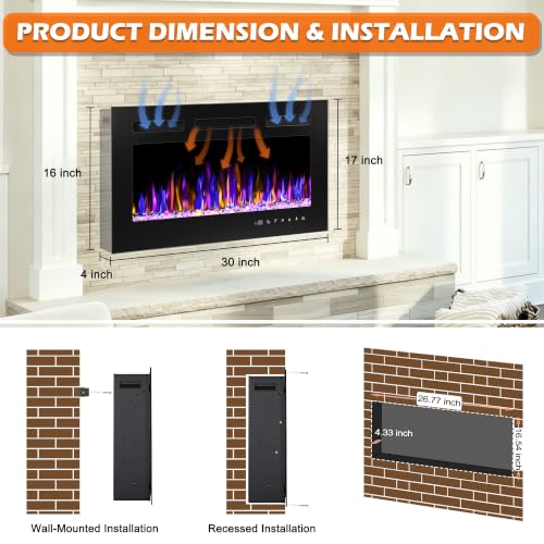 30-Inch Electric Fireplace Wall Mounted and Recessed Heater with Remote